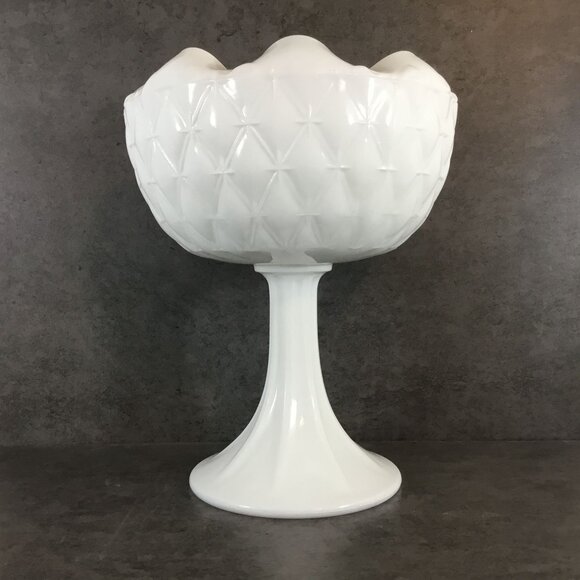 Indiana Glass Milk Glass Pedestal Compote Star Quilt Duette Pattern 9" tall - Picture 1 of 12